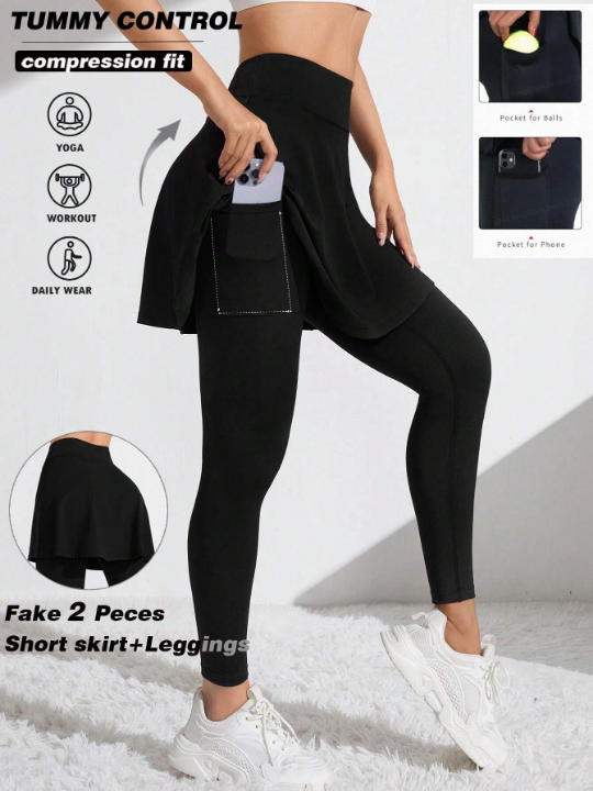 Daily&Casual Solid Color High Waist 2 In 1 Sports Leggings
