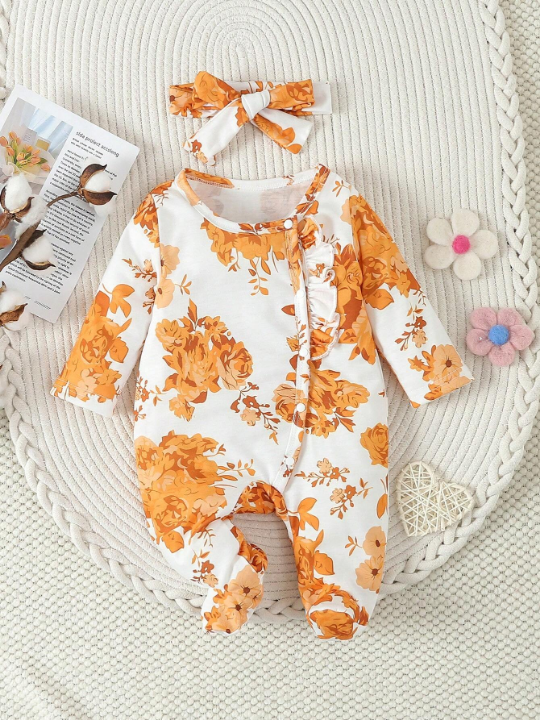 Baby Girls' White Cute Big Yellow Flower Printed Romper With Long Pants, Home Wear