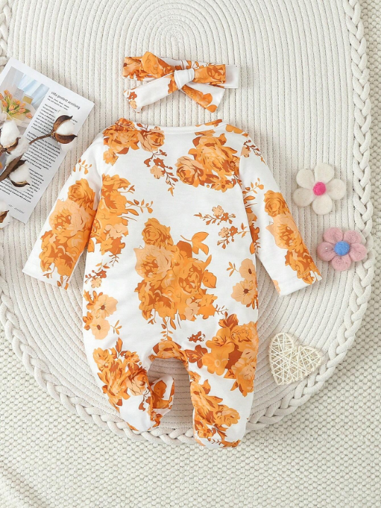 Baby Girls' White Cute Big Yellow Flower Printed Romper With Long Pants, Home Wear