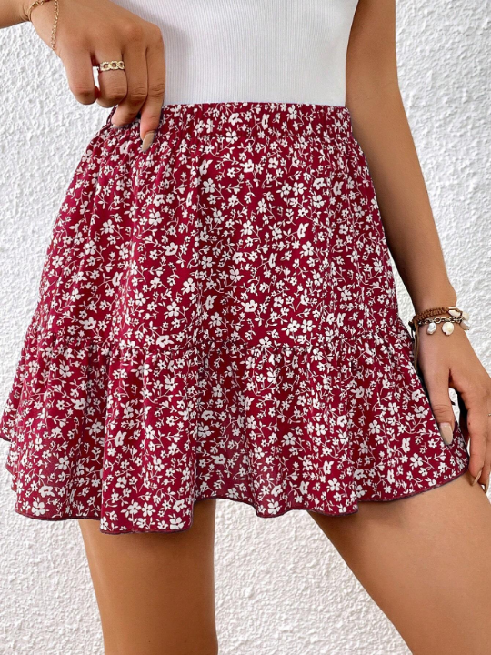 VCAY Women's Small Flower Printed Elastic Waist Ruffled Hem Skirt