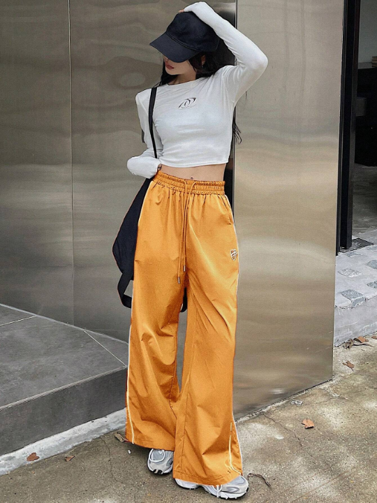 DAZY Patchwork Side Slit Drawstring Waist Wide Leg Pants