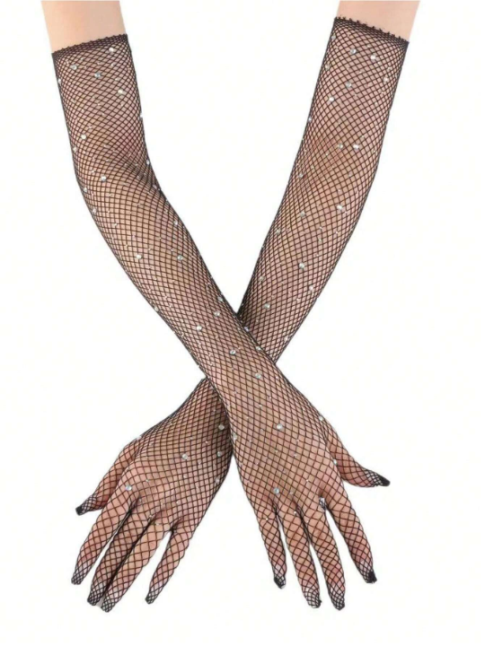 1 Pair Women's Sexy Rhinestone Fishnet Gloves And Arm Warmer, Multicolor