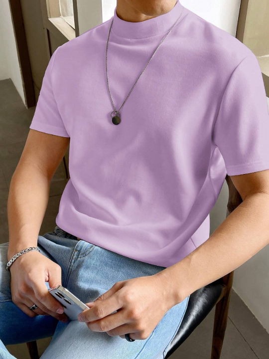 Manfinity Hypemode Men's Solid Color Small Stand Collar Short Sleeve Knitted T-Shirt