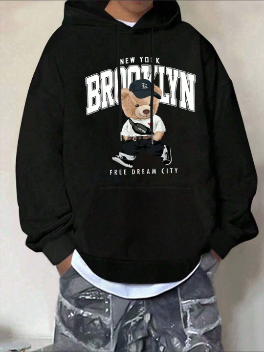 Men's Bear & Letter Pattern Drawstring Hooded Long Sleeve Sweatshirt