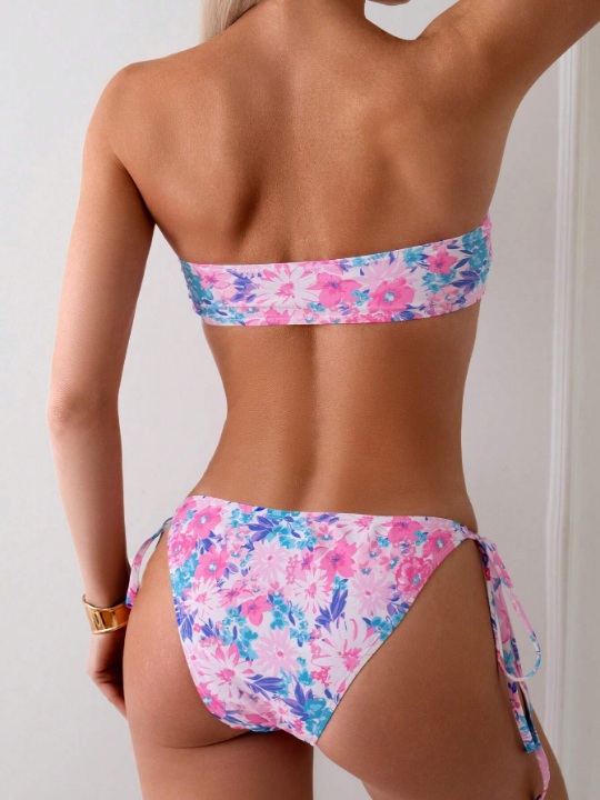 Women's Flower Print Swimsuit With Ruched Bust, Side Tie Bikini Set