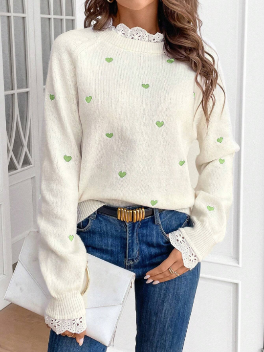 Frenchy Women's Love Heart Embroidery Lace Patchwork Raglan Sleeve Lace Trim Collar Detail Sweater