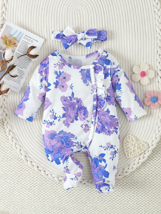 Infant Girls' White Cute Purple Big Flower Print Romper Jumpsuit Home Outfit With Headband