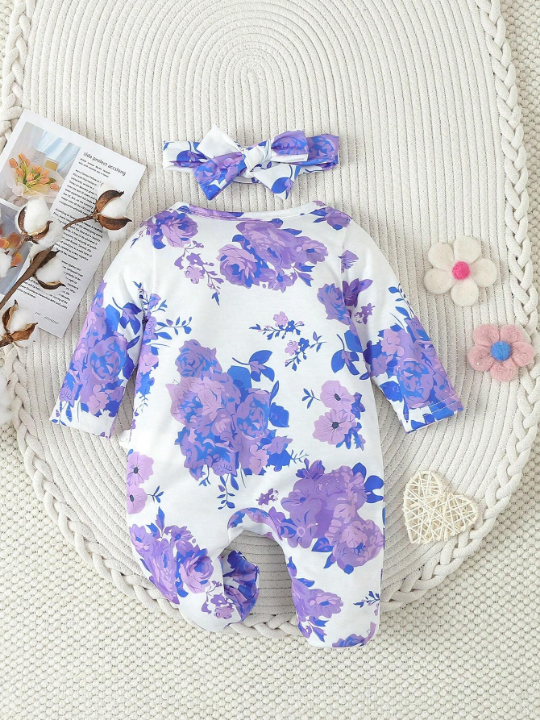 Infant Girls' White Cute Purple Big Flower Print Romper Jumpsuit Home Outfit With Headband