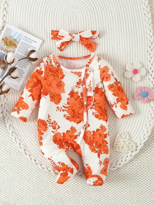 Baby Girl's Lovely Orange Flower Printed Footed Romper Jumpsuit Home Clothes