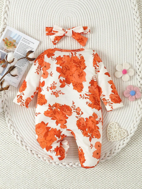 Baby Girl's Lovely Orange Flower Printed Footed Romper Jumpsuit Home Clothes