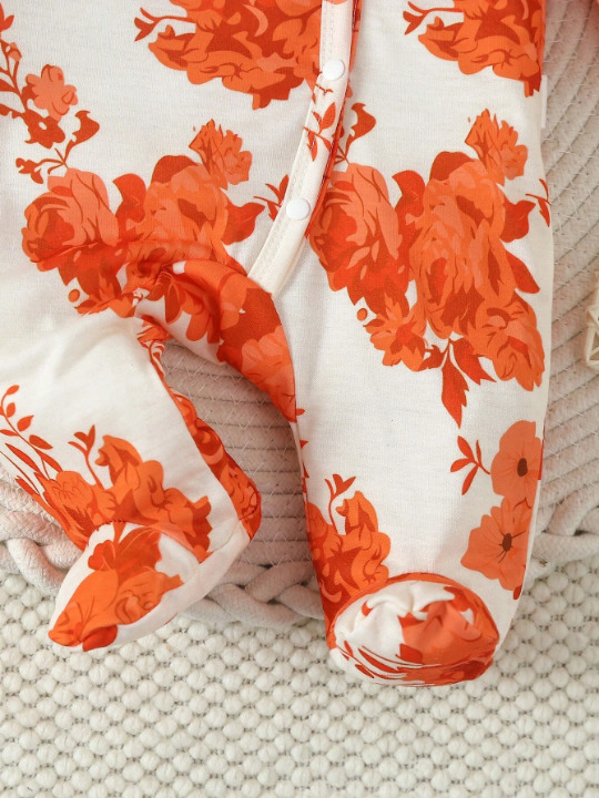 Baby Girl's Lovely Orange Flower Printed Footed Romper Jumpsuit Home Clothes