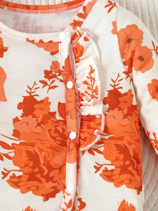 Baby Girl's Lovely Orange Flower Printed Footed Romper Jumpsuit Home Clothes