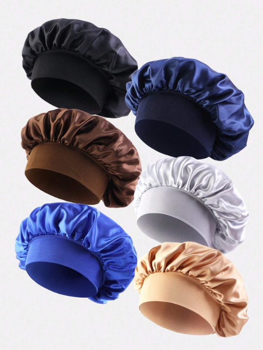 6pcs Men Solid Color Corduroy Wide-Brimmed Sleep Cap Hair Cap Suitable For Daily Use