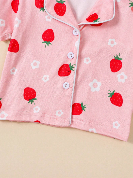 Baby Girl's Cute Strawberry Print Short Sleeve Shorts Pajama Set For Summer