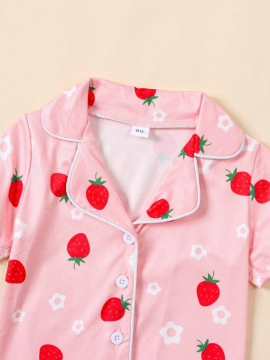 Baby Girl's Cute Strawberry Print Short Sleeve Shorts Pajama Set For Summer