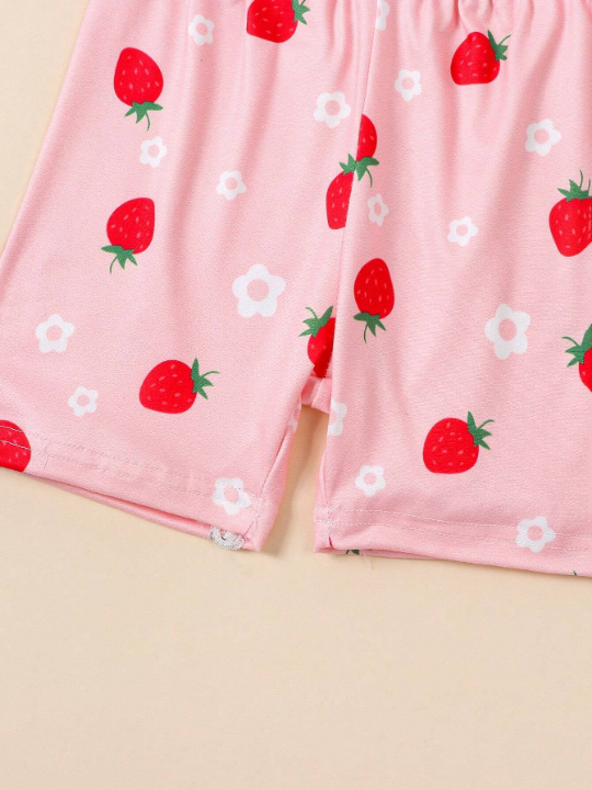 Baby Girl's Cute Strawberry Print Short Sleeve Shorts Pajama Set For Summer