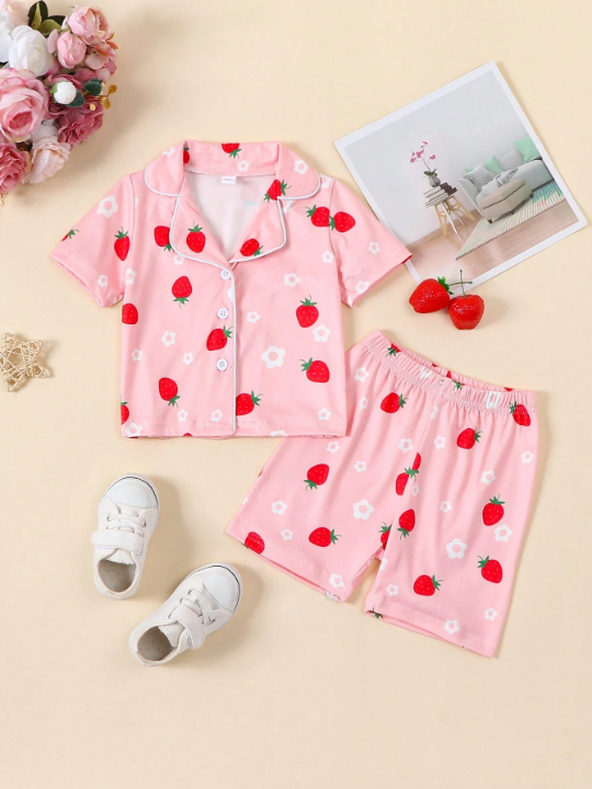 Baby Girl's Cute Strawberry Print Short Sleeve Shorts Pajama Set For Summer