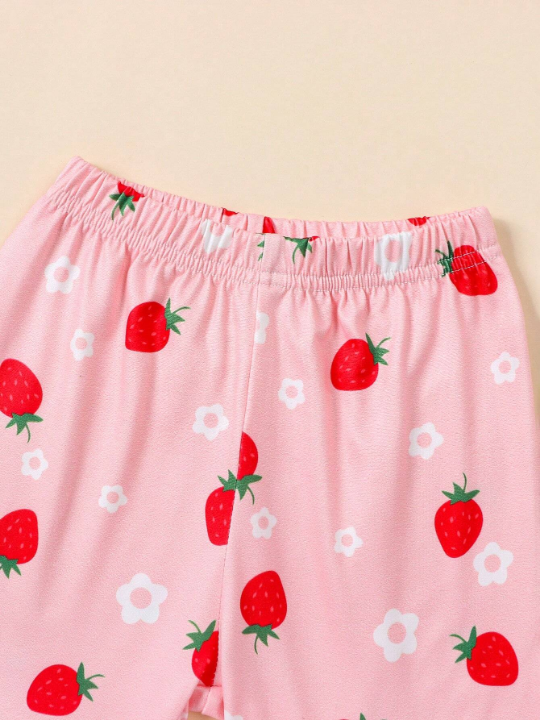 Baby Girl's Cute Strawberry Print Short Sleeve Shorts Pajama Set For Summer