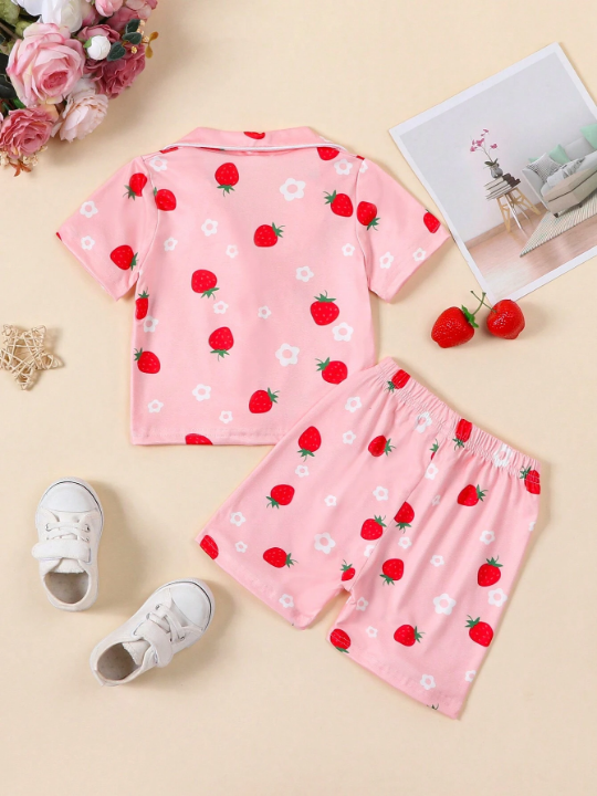 Baby Girl's Cute Strawberry Print Short Sleeve Shorts Pajama Set For Summer