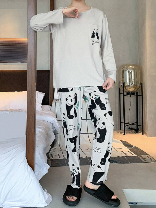 2pcs Mens' Loose Fit Pajama Set - Simple Panda Print Cartoon Design Long Sleeve Top And Long Pant, Perfect Gift For Birthday, Suitable For Spring, Summer, And Autumn Seasons