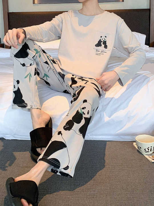 2pcs Mens' Loose Fit Pajama Set - Simple Panda Print Cartoon Design Long Sleeve Top And Long Pant, Perfect Gift For Birthday, Suitable For Spring, Summer, And Autumn Seasons