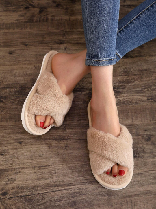 Fluffy Indoor Women's Cross-Band Slippers, Open Toe Slippers Suitable For Indoor And Outdoor Use, Quiet Floor Furry Slippers Suitable For All Seasons