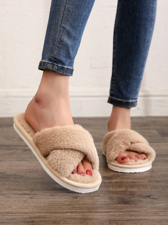 Fluffy Indoor Women's Cross-Band Slippers, Open Toe Slippers Suitable For Indoor And Outdoor Use, Quiet Floor Furry Slippers Suitable For All Seasons