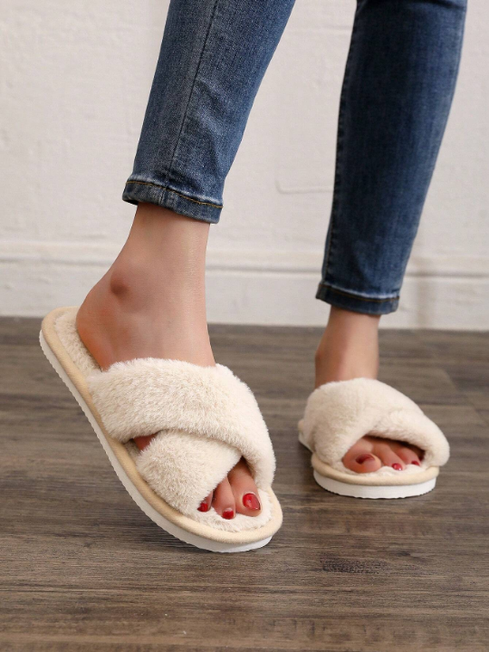 Fluffy Cross-Band Indoor Slippers For Girls