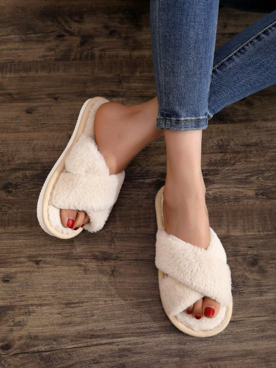 Fluffy Cross-Band Indoor Slippers For Girls