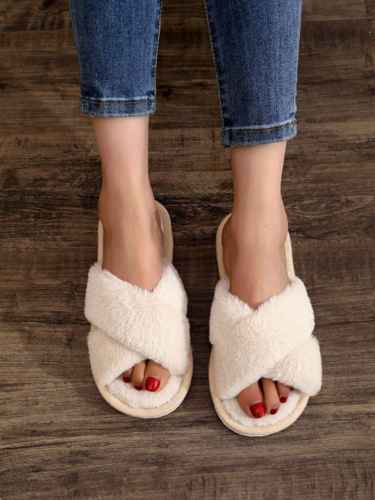 Fluffy Cross-Band Indoor Slippers For Girls