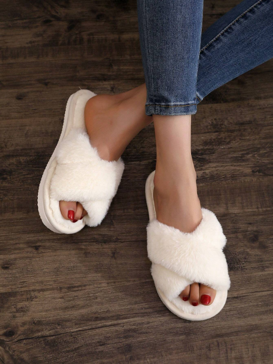 Fluffy Cross Slippers For Women, Silent Floor Indoor Slippers, Toe-Out All-Season Slippers (Can Be Worn Outside)