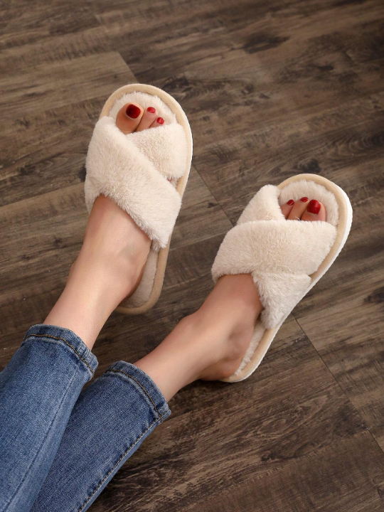 Fluffy Cross-Band Indoor Slippers For Girls