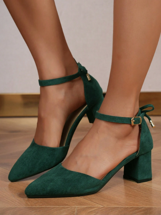 Dark Green High Heel Shoes With Hollow Out Design & Buckle Strap, 2024 New Arrivals, Chunky Heel, Suitable For Pairing With Skirts And Dresses, Perfect For Women