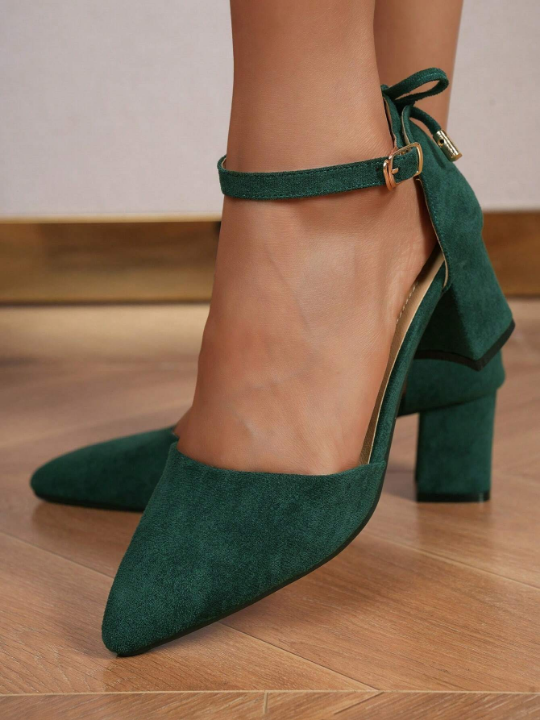 Dark Green High Heel Shoes With Hollow Out Design & Buckle Strap, 2024 New Arrivals, Chunky Heel, Suitable For Pairing With Skirts And Dresses, Perfect For Women