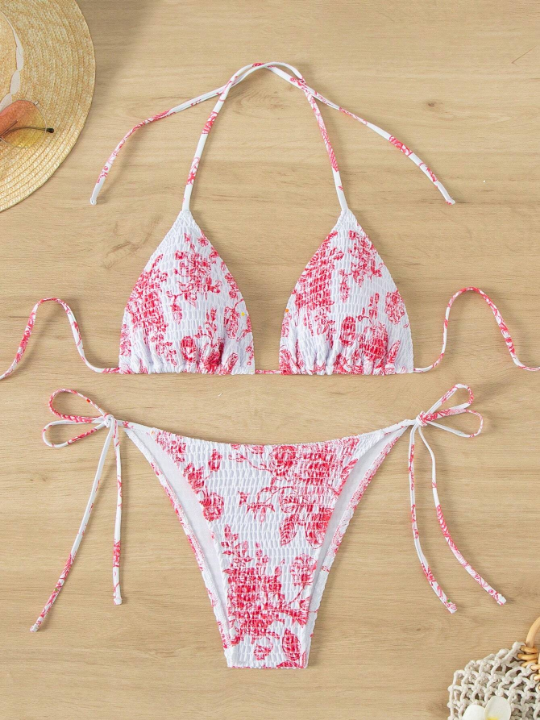 Floral Printed Padded Halter Neck Bikini Set With Bottoms