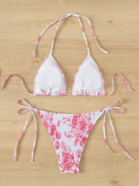 Floral Printed Padded Halter Neck Bikini Set With Bottoms