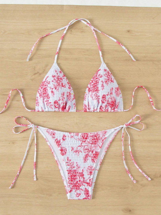 Floral Printed Padded Halter Neck Bikini Set With Bottoms