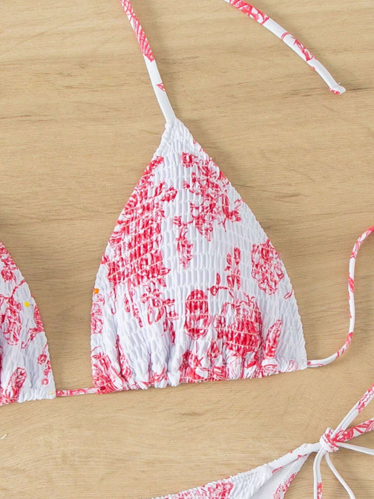 Floral Printed Padded Halter Neck Bikini Set With Bottoms