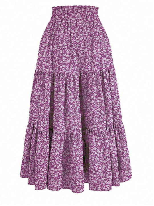 Floral Print Tiered Ruched Elastic Waist Vacation Skirts