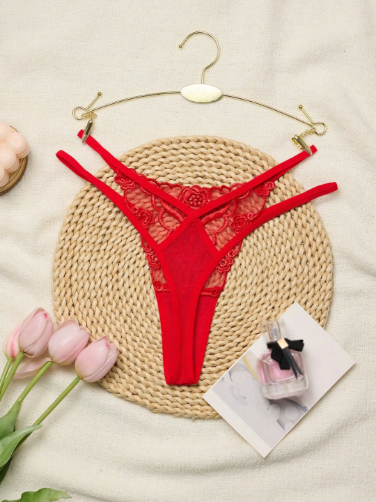 1pc Women's Rose Embroidered Sexy See-Through Mesh Low Waist Thong