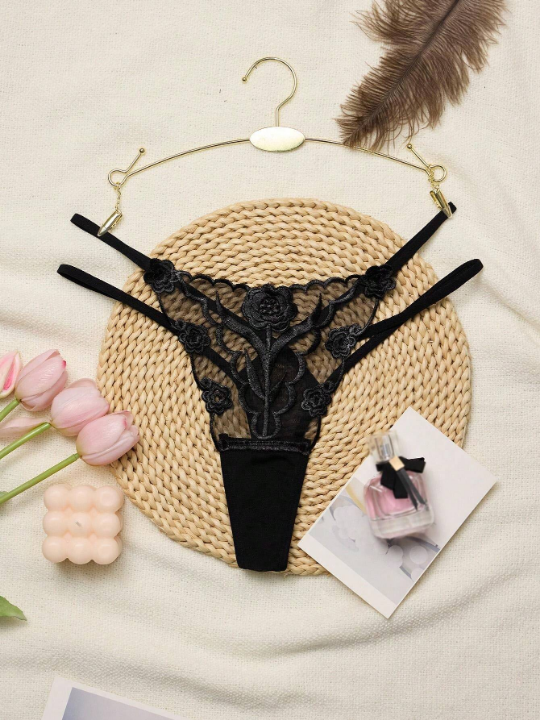 1pc Rose Embroidery Sexy Transparent Mesh Low Waist Thong