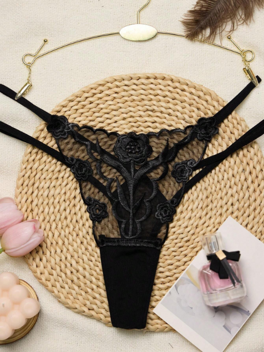 1pc Rose Embroidery Sexy Transparent Mesh Low Waist Thong