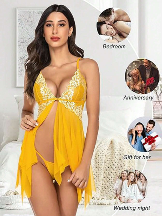 New Arrival Sexy Lace & Mesh Halter Dress With Floral Edge For Women