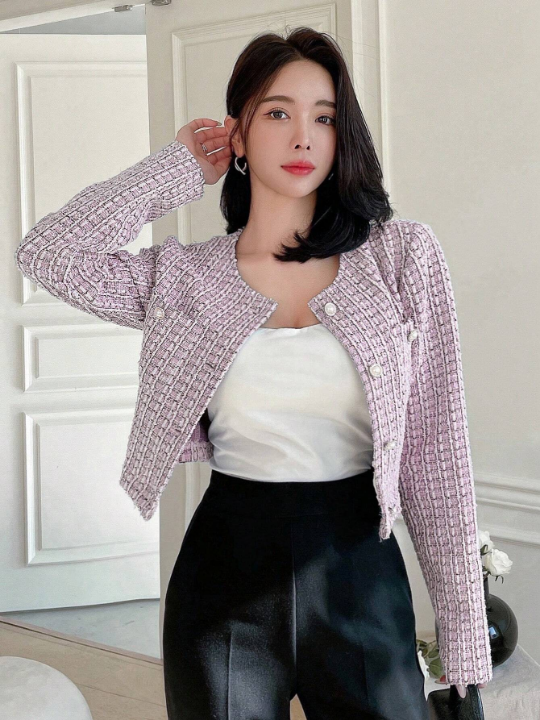 DAZY Plaid Collarless Short Open Front Long Sleeve Jacket