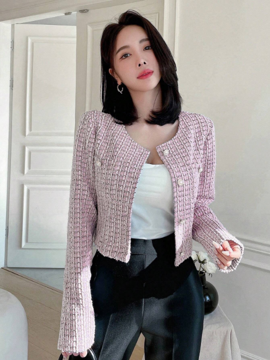 DAZY Plaid Collarless Short Open Front Long Sleeve Jacket