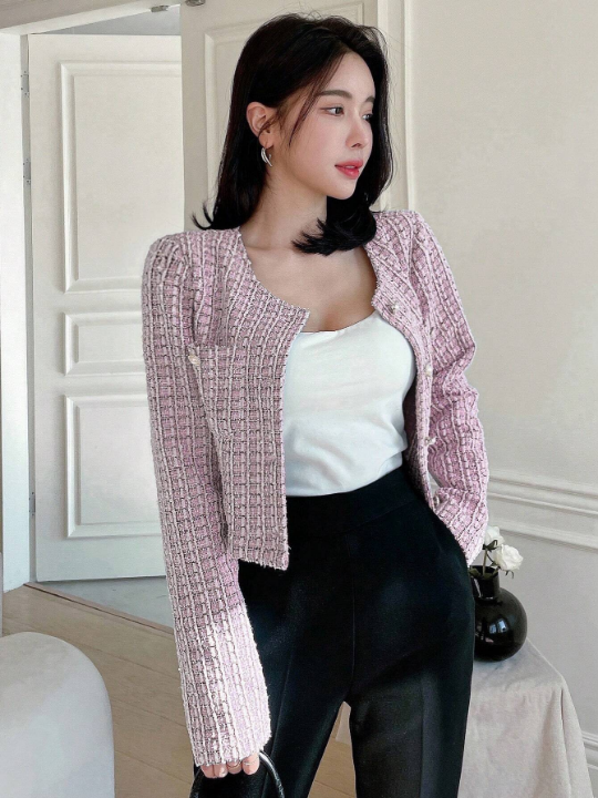 DAZY Plaid Collarless Short Open Front Long Sleeve Jacket