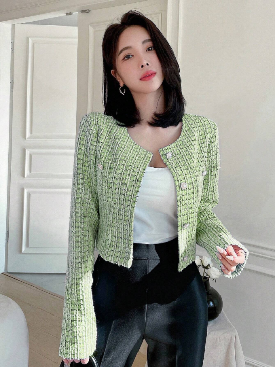 DAZY Plaid Pattern Short Round Neck Open Front Long Sleeve Jacket