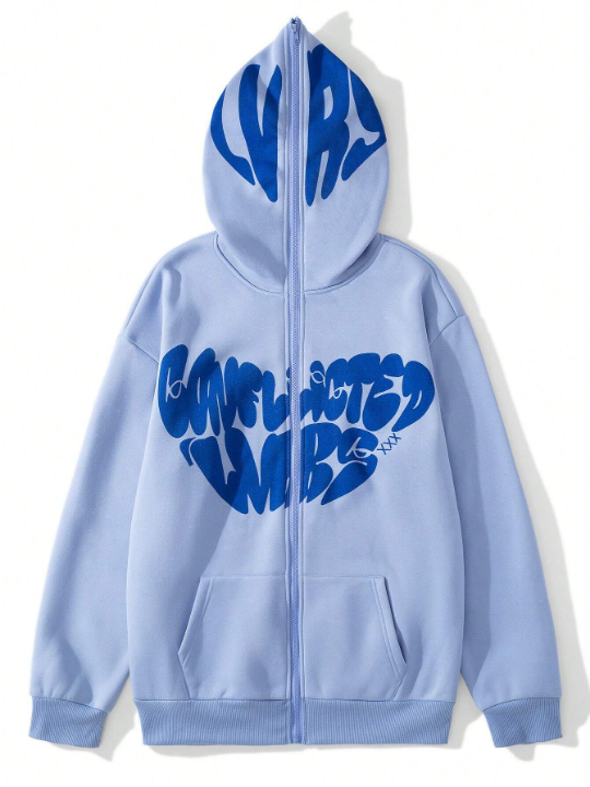 Manfinity EMRG Men's Letter Printed Fleece Hooded Zip-Up Sweatshirt