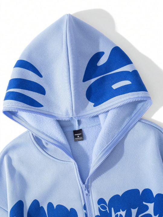 Manfinity EMRG Men's Letter Printed Fleece Hooded Zip-Up Sweatshirt