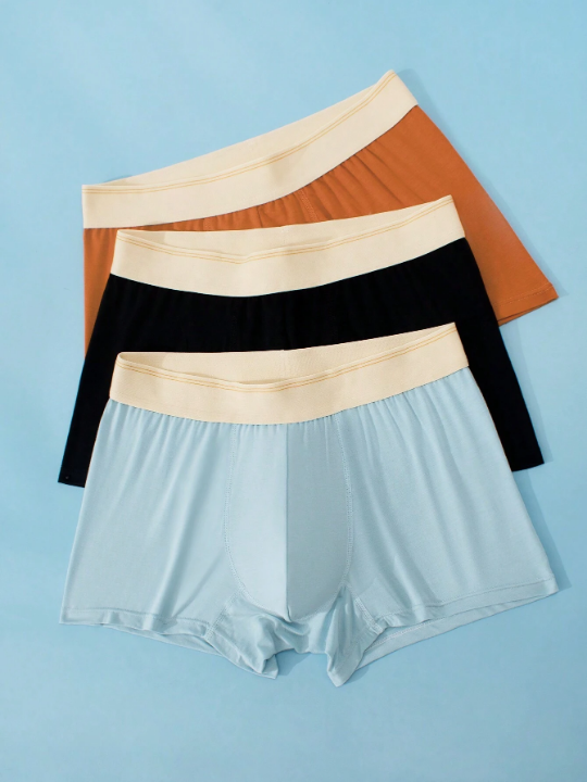 Men's 3pcs Contrast Color Soft Breathable Skin-Friendly Flat-Angle Underwear With Elastic Waistband